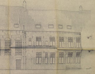 <p>Restauratieplan uit 1973 van de achtergevel van Papenstraat 11-13 (archief HCO). </p>
